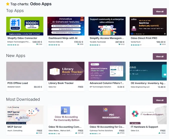 Screenshot of the RAG Solutions publisher page on the Odoo app store, listing its published modules